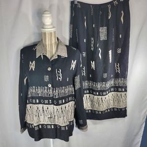 Vintage First Option Petite Fringe Accent People Print 3 Piece Skirt Set Size PM